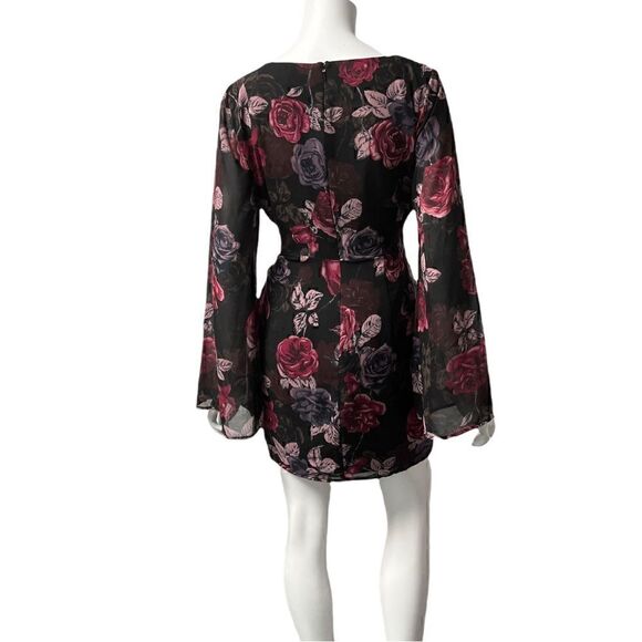 Guess Wide Long Sleeve V Neck Floral Mini Dresd - Picture 3 of 7